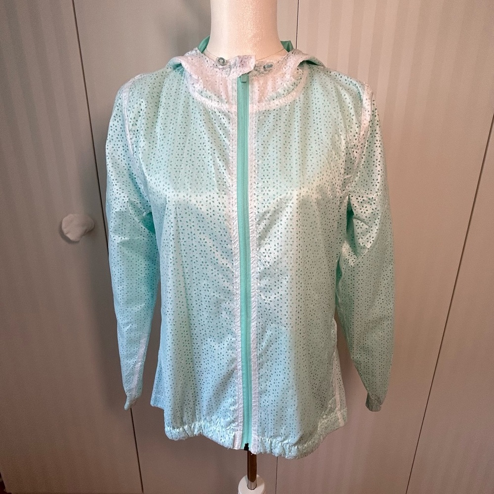 nanette lepore green and white eyelet lace pattern full zip jacket hood Size M